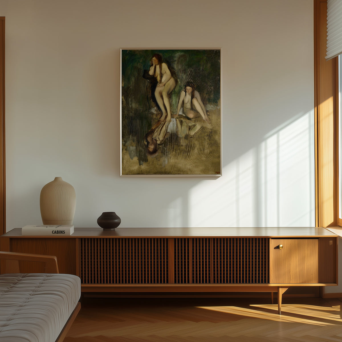 Framed art print of Mademoiselle Fiocre in the Ballet La Source (Study) by Edgar Degas, in a thin light frame on a sunlit wall above a wooden sideboard
