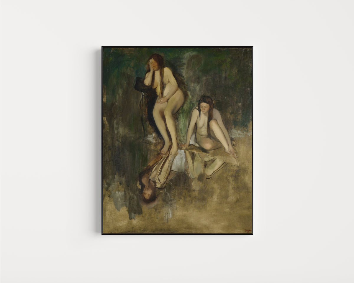 Framed art print of Mademoiselle Fiocre in the Ballet La Source (Study) by Edgar Degas, in a slim black frame on a plain white wall