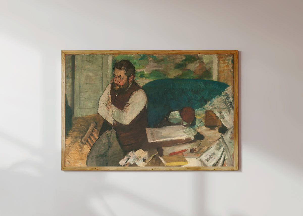Framed art print of Portrait of Diego Martelli by Edgar Degas, in a light wood frame on a sunlit white wall