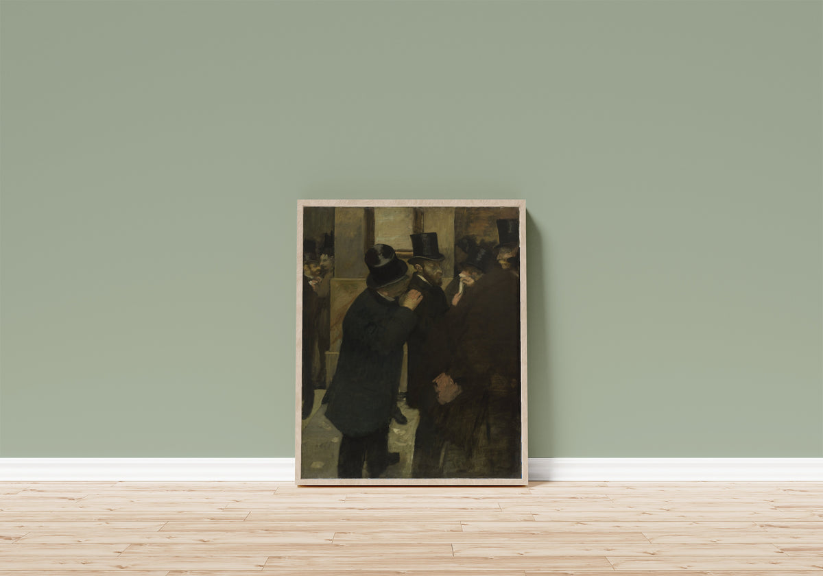 Framed art print of Portraits at the Stock Exchange by Edgar Degas, in a light wood frame leaning on a sage green wall above a wooden floor