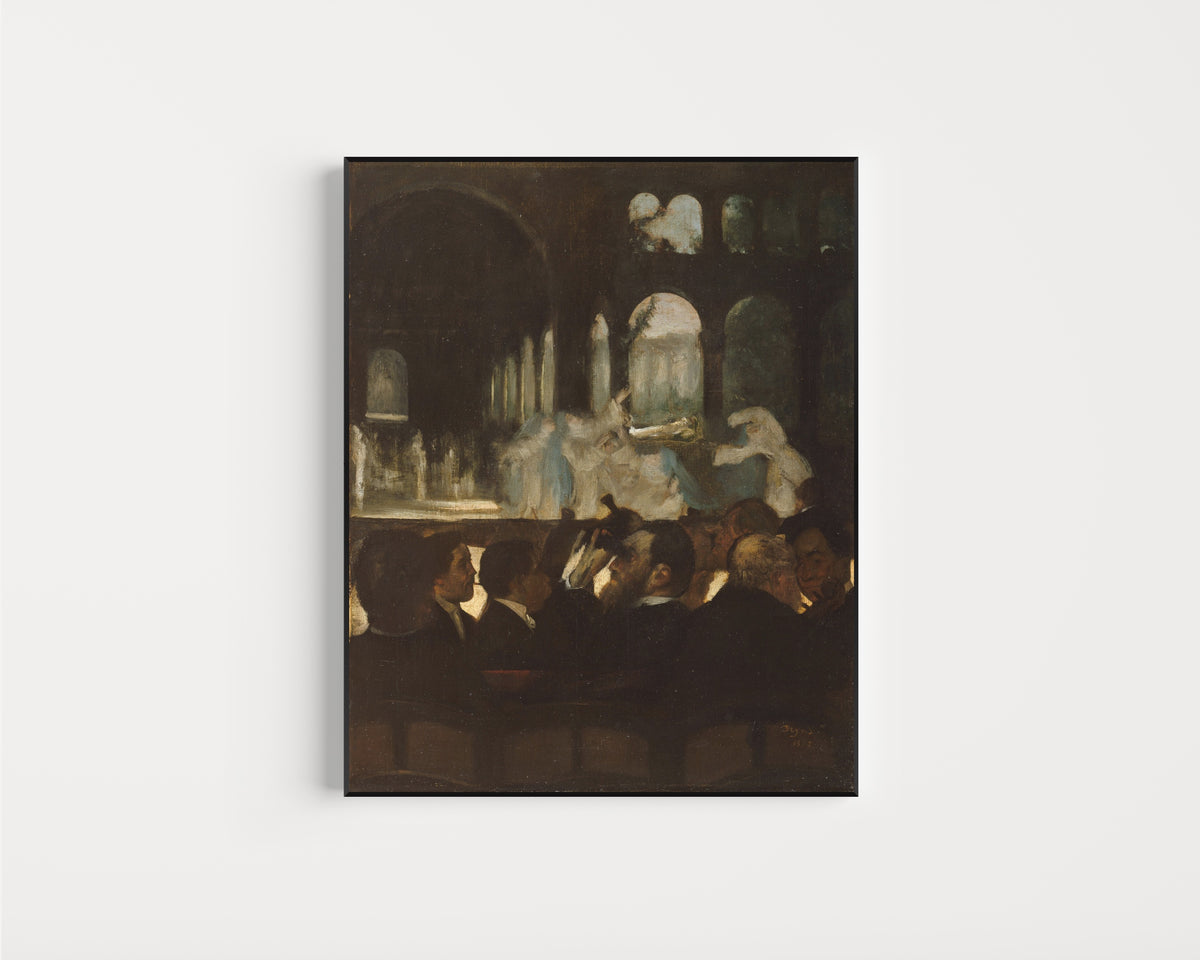 Framed art print of The Ballet from Robert le Diable by Edgar Degas, in a slim black frame on a plain white wall