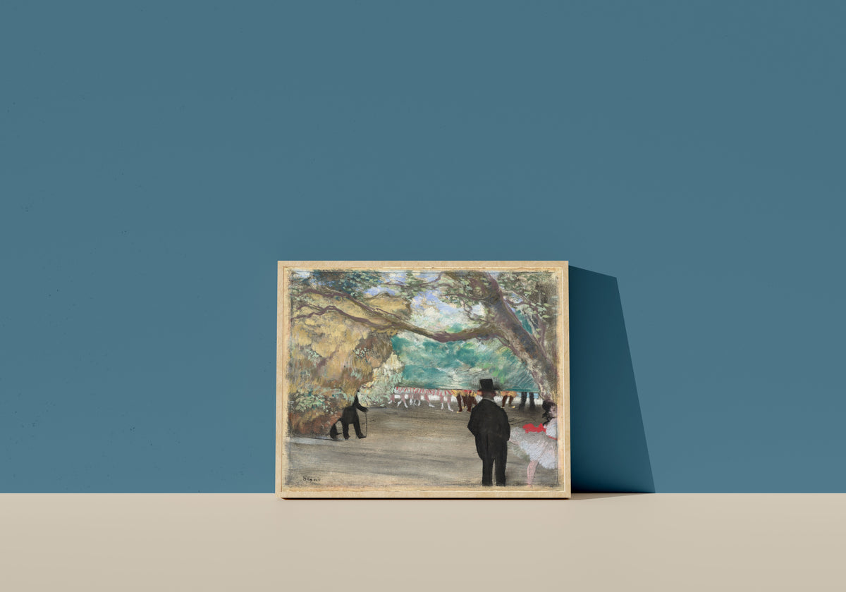 Framed art print of The Curtain by Edgar Degas, in a light wood frame leaning on a blue wall