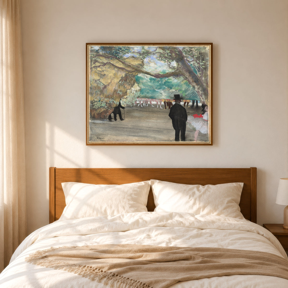 Framed art print of The Curtain by Edgar Degas, in a slim wood frame above a bed in a sunlit bedroom