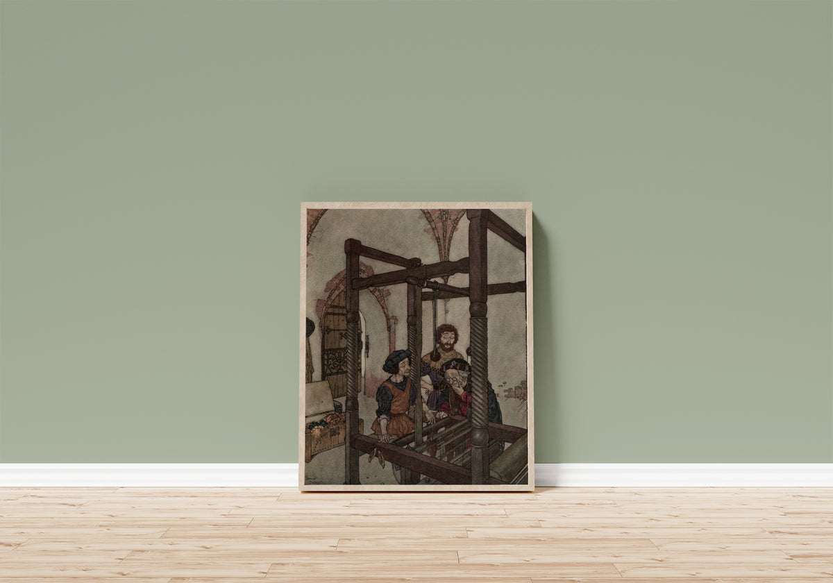 Framed art print of Stories from Hans Andersen: The Poor Old Minister… by Edmund Dulac, in a light wood frame leaning on a sage green wall above a wooden floor