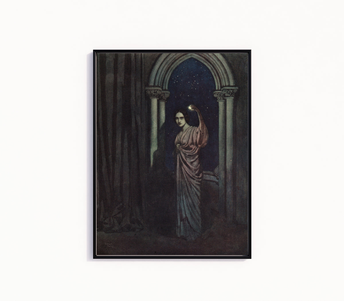 Framed art print of The Bells and Other Poems: To Helen by Edmund Dulac, in a slim black frame on a plain white wall