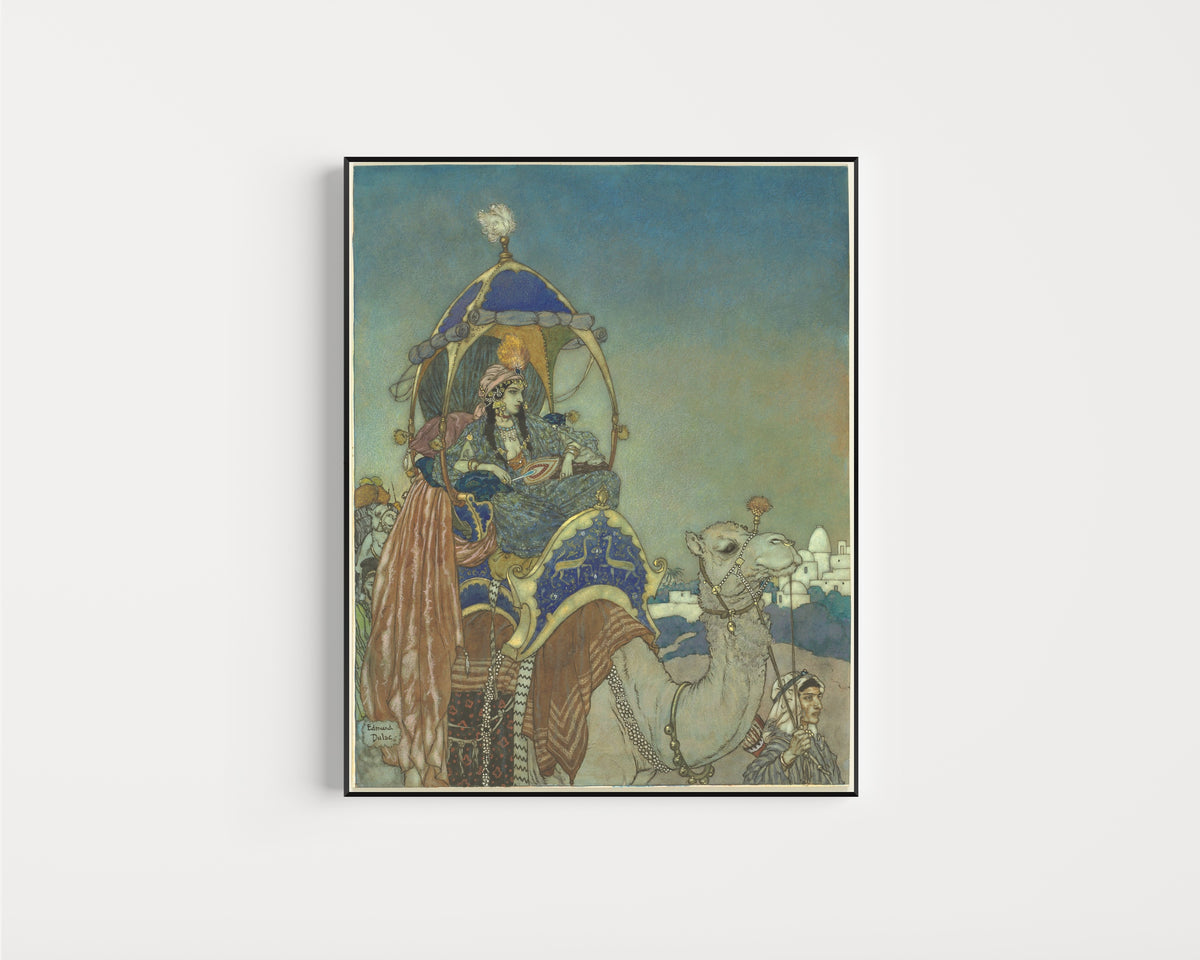 Framed art print of The Queen of Sheba by Edmund Dulac, in a slim black frame on a plain white wall