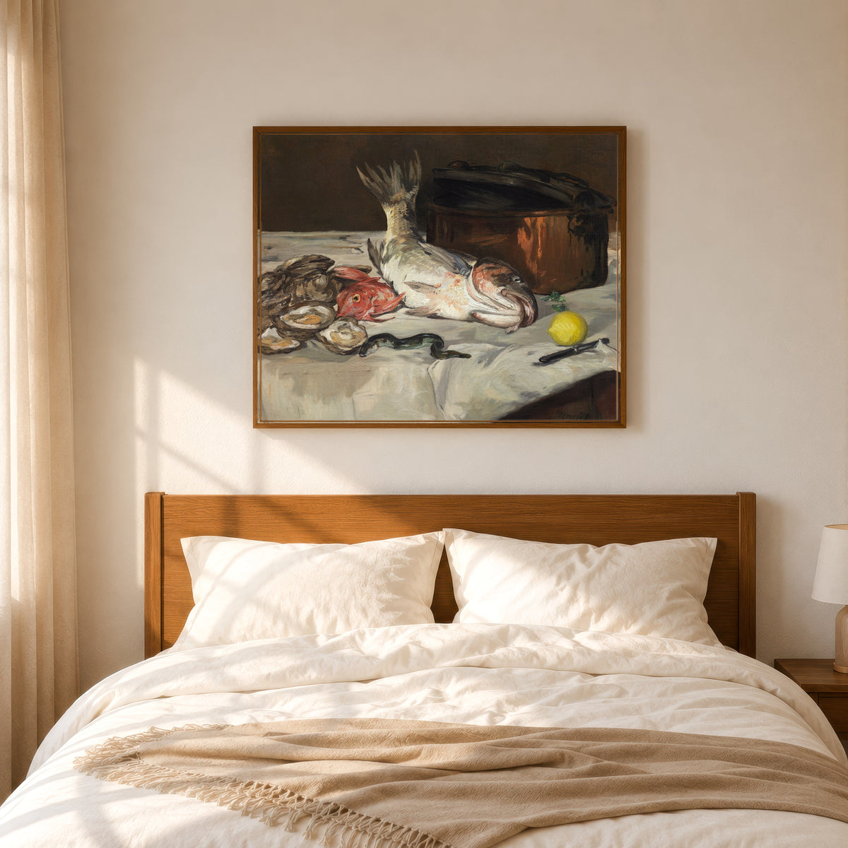 Framed art print of Fish (Still Life) by Édouard Manet, in a slim wood frame above a bed in a sunlit bedroom