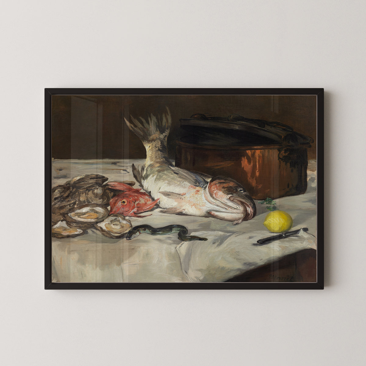 Fish (Still Life) by Édouard Manet — in a black frame on a pale wall