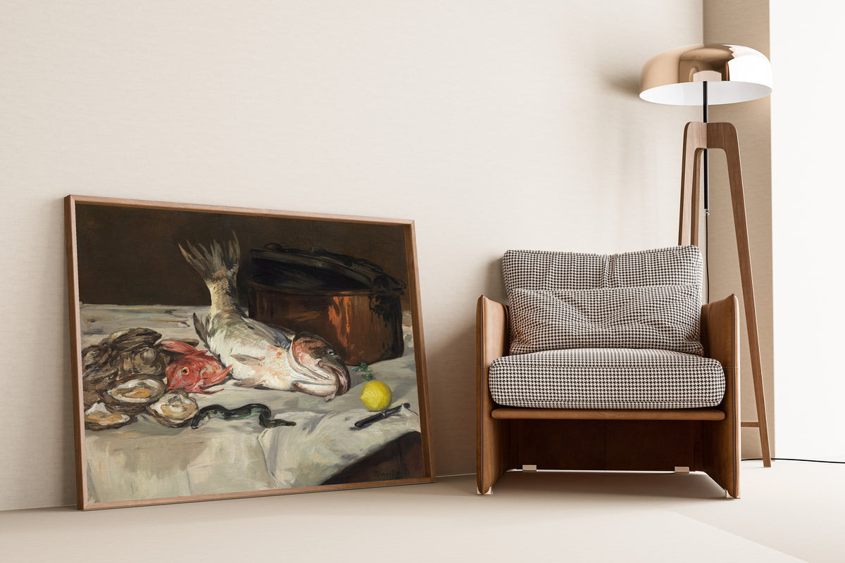 Fish (Still Life) by Édouard Manet — framed and leaning against a wall beside an armchair and a floor lamp