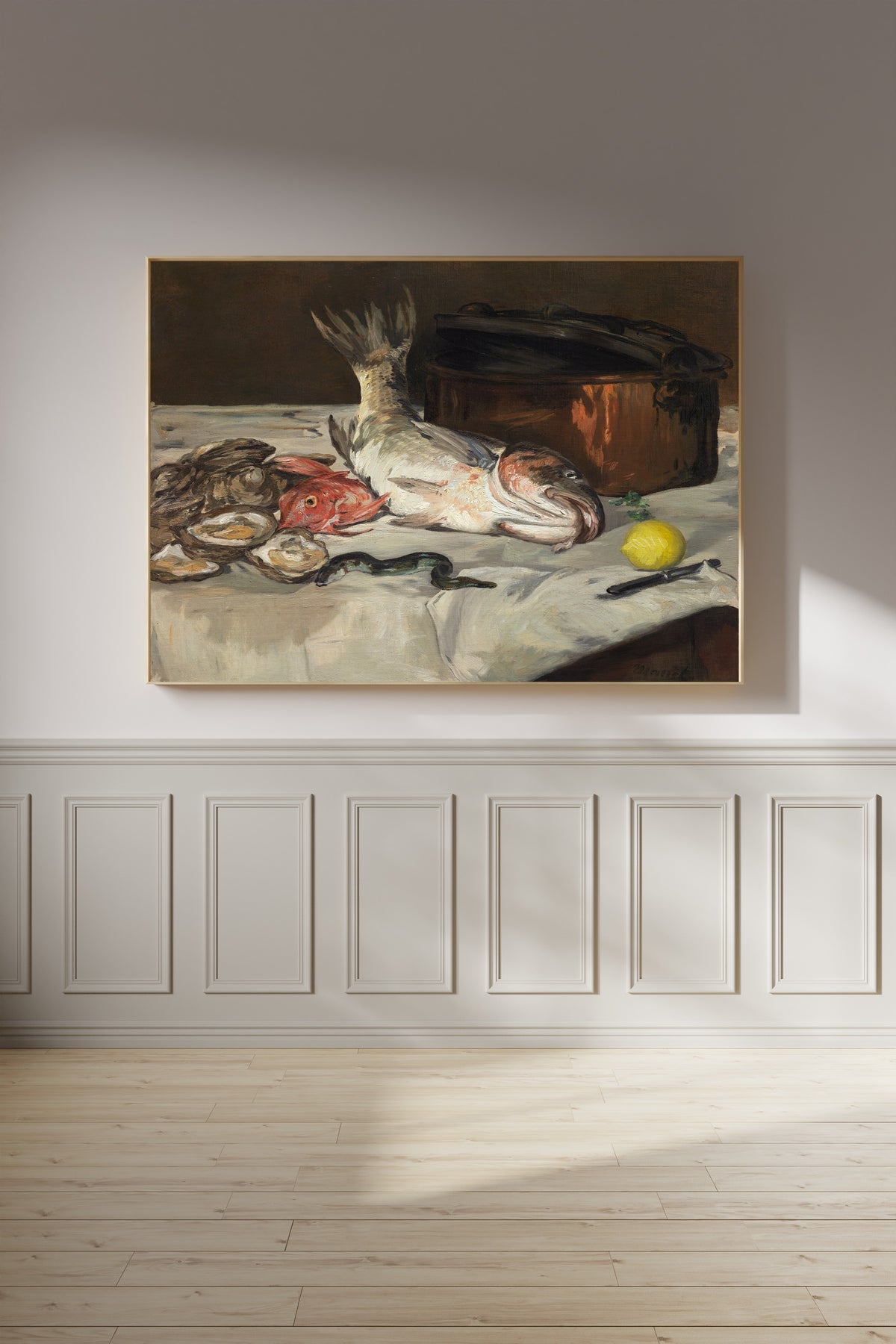 Fish (Still Life) by Édouard Manet — framed on a panelled wall in afternoon light