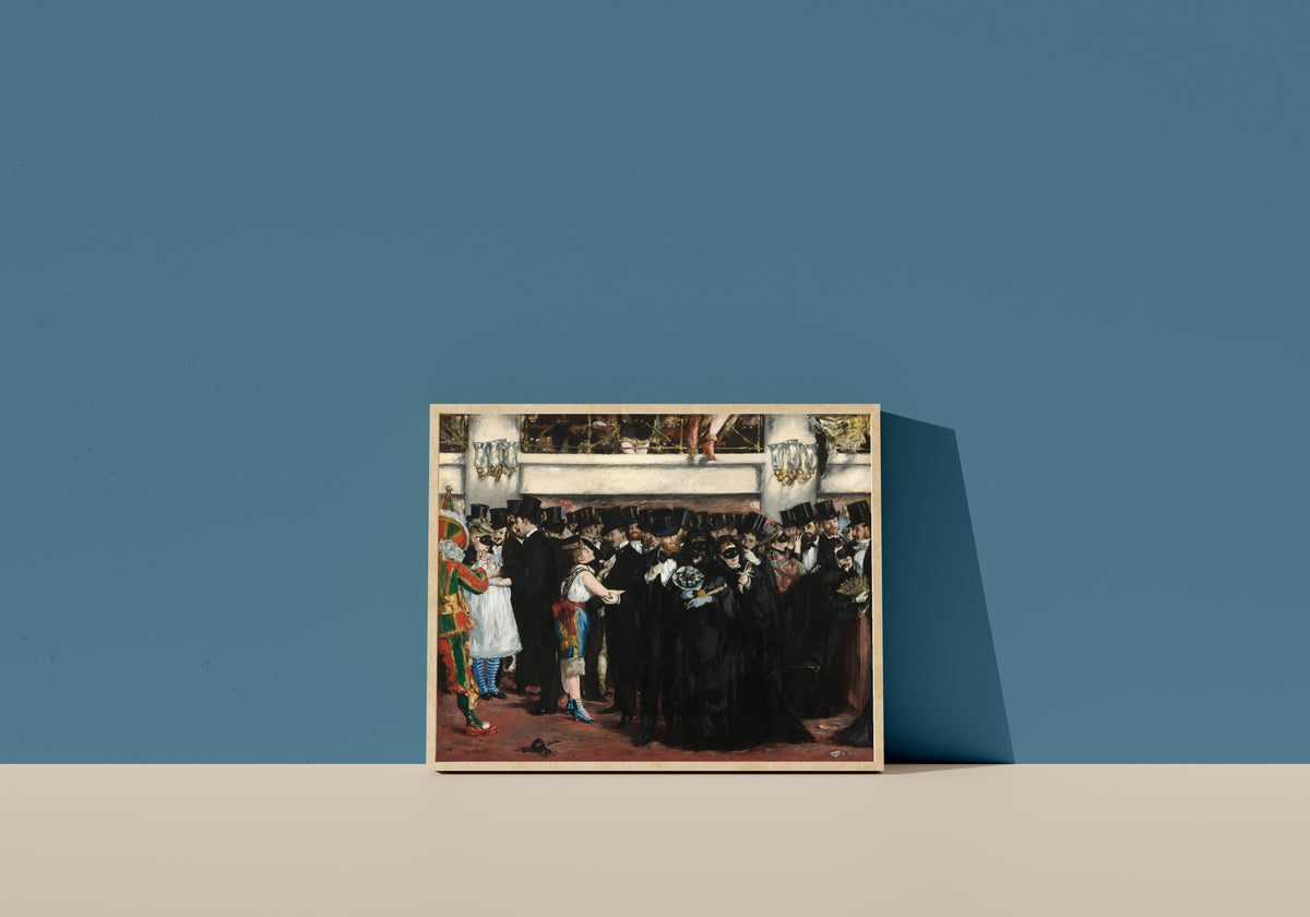 Framed art print of Masked Ball at the Opera by Édouard Manet, in a light wood frame leaning on a blue wall