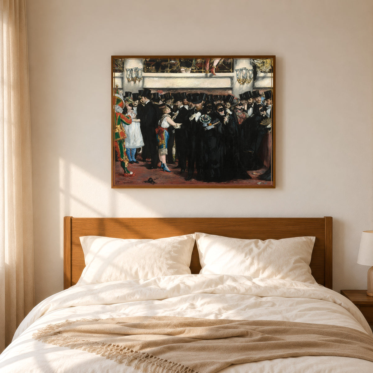 Framed art print of Masked Ball at the Opera by Édouard Manet, in a slim wood frame above a bed in a sunlit bedroom