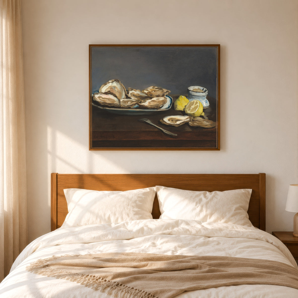 Framed art print of Oysters by Édouard Manet, in a slim wood frame above a bed in a sunlit bedroom