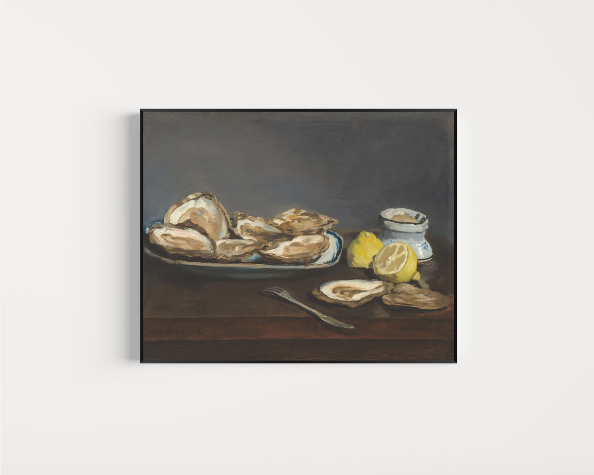 Framed art print of Oysters by Édouard Manet, in a slim black frame on a plain white wall