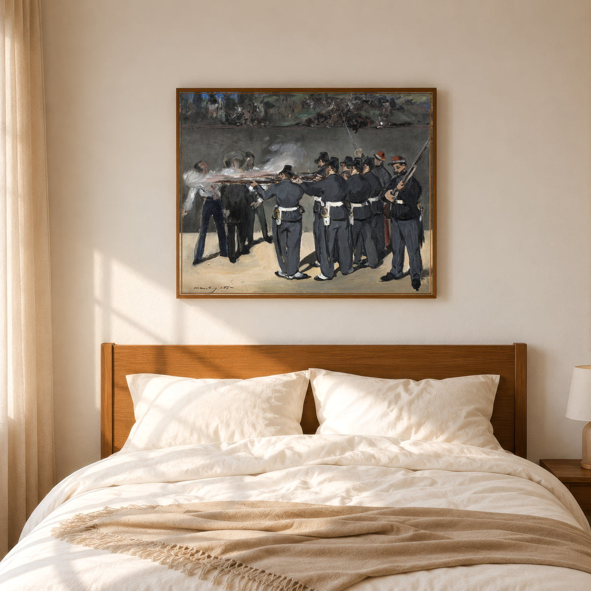 Framed art print of The Execution of Emperor Maximilian by Édouard Manet, in a slim wood frame above a bed in a sunlit bedroom
