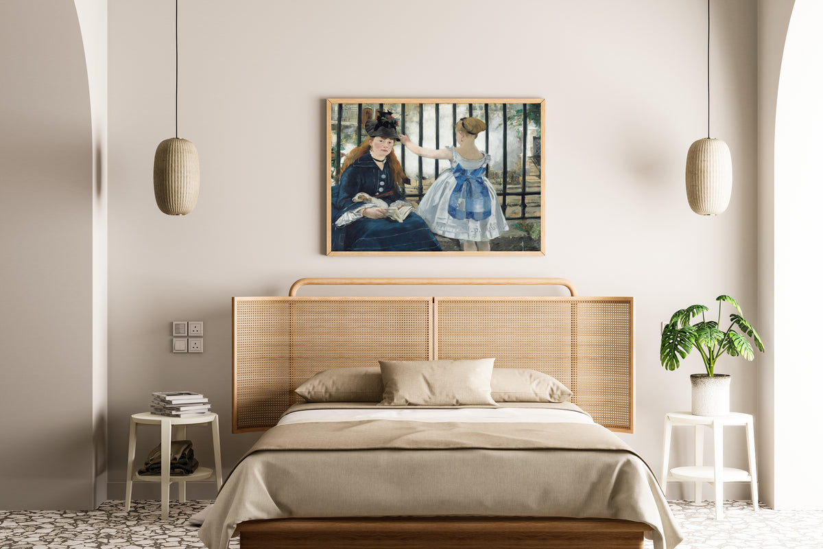 The Railway by Édouard Manet — framed above a cane-headboard bed