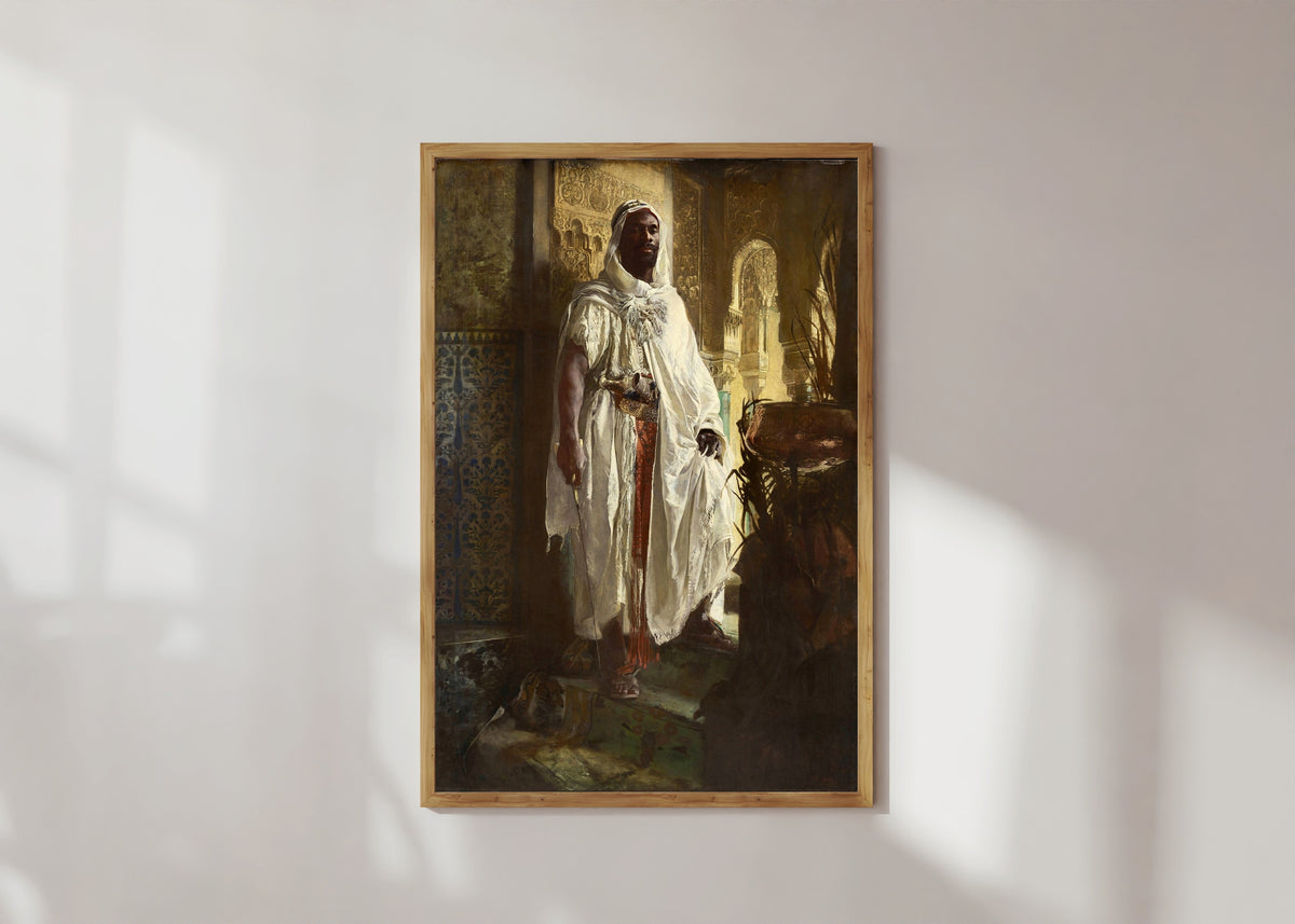 Framed art print of The Moorish Chief by Eduard Charlemont, in a light wood frame on a sunlit white wall