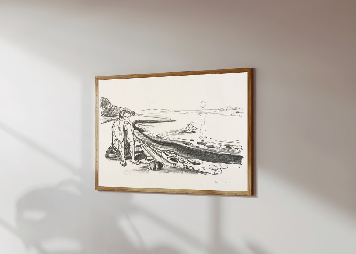 Framed art print of Alpha and Omega: Omega's Flight by Edvard Munch, in a light wood frame on a sunlit white wall, seen at a slight angle