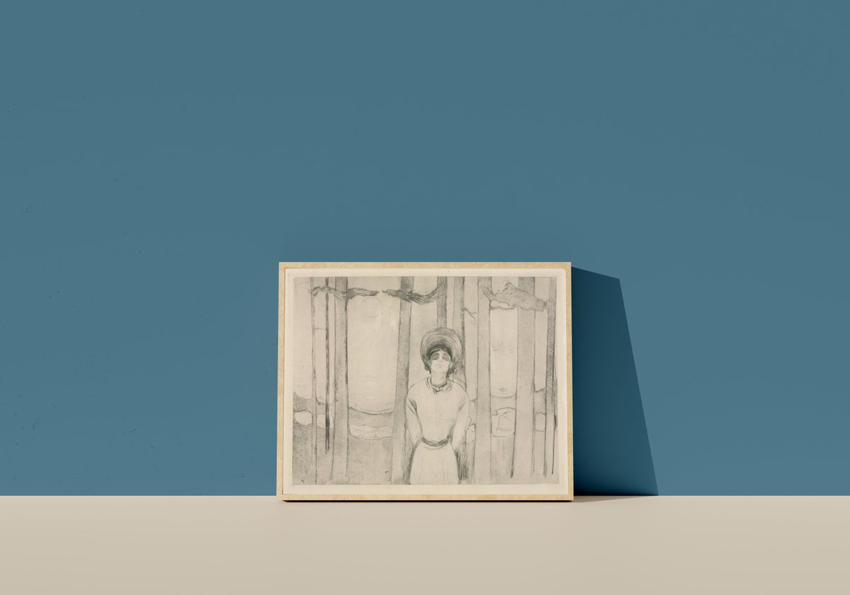 Framed art print of Summer Night (The Voice) by Edvard Munch, in a light wood frame leaning on a blue wall