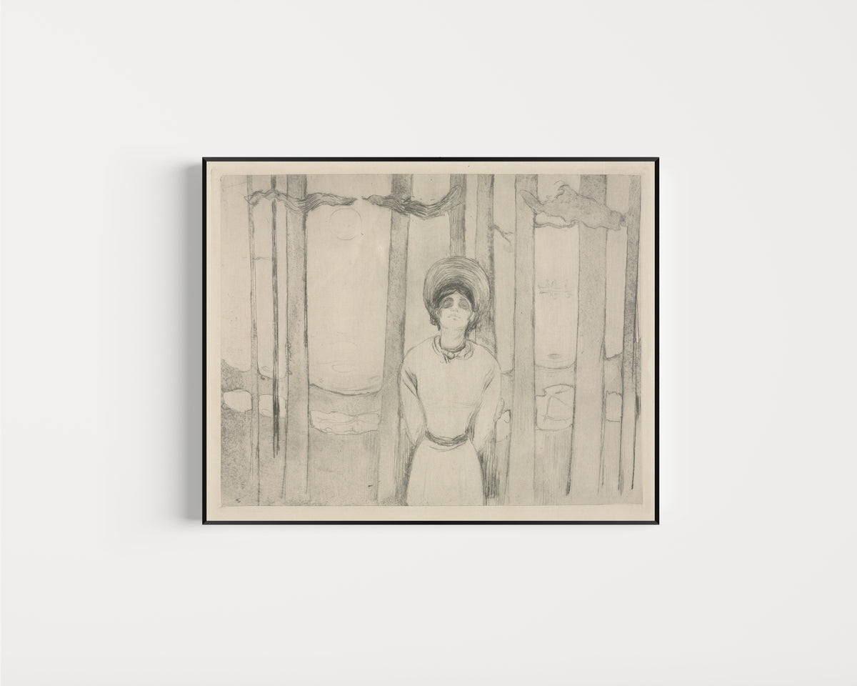 Framed art print of Summer Night (The Voice) by Edvard Munch, in a slim black frame on a plain white wall