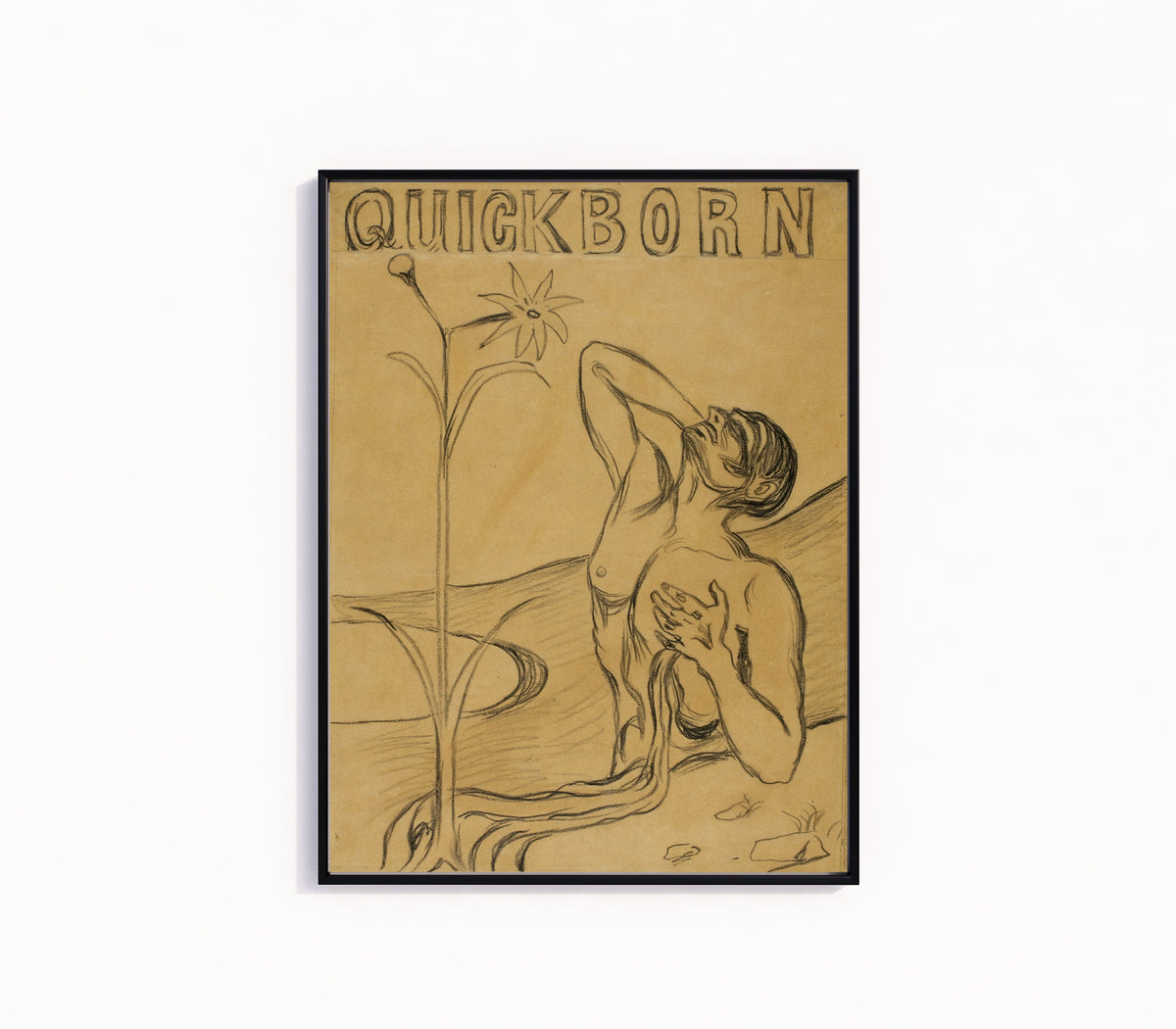 Framed art print of The Flower of Pain by Edvard Munch, in a slim black frame on a plain white wall
