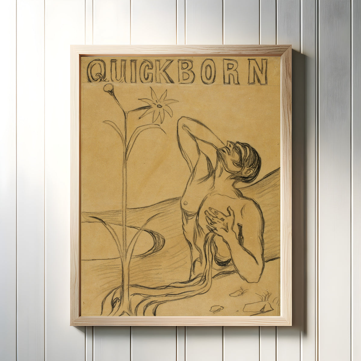 Framed art print of The Flower of Pain by Edvard Munch, in a light wood frame on a white panelled wall