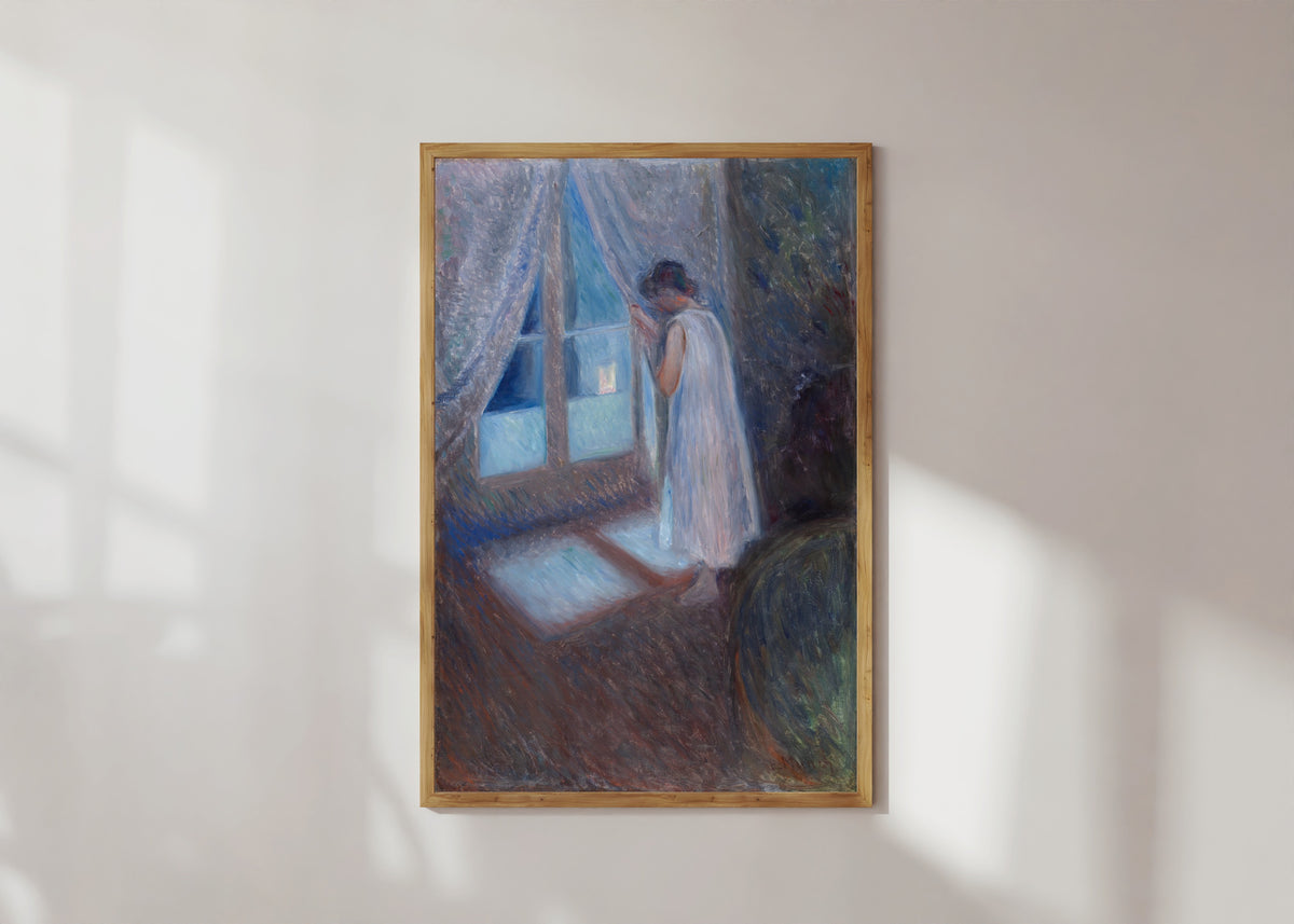 Framed art print of The Girl by the Window by Edvard Munch, in a light wood frame on a sunlit white wall