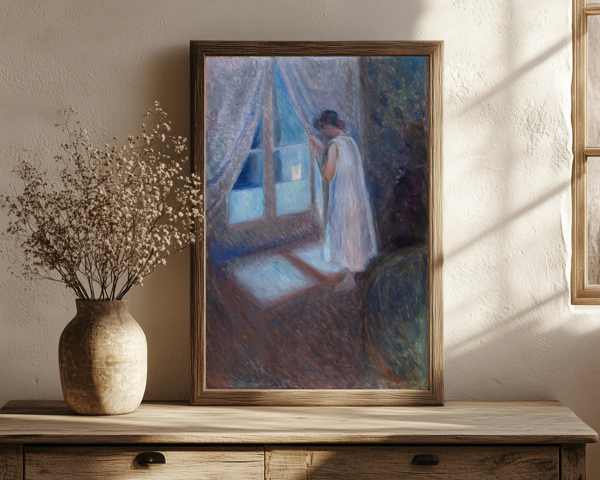 Framed art print of The Girl by the Window by Edvard Munch, in a dark wood frame leaning on a rustic console beside dried flowers