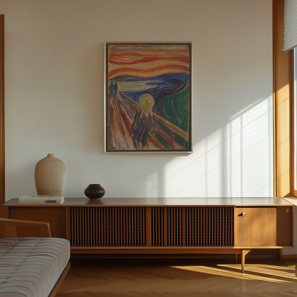 Framed art print of The Scream by Edvard Munch, in a thin light frame on a sunlit wall above a wooden sideboard