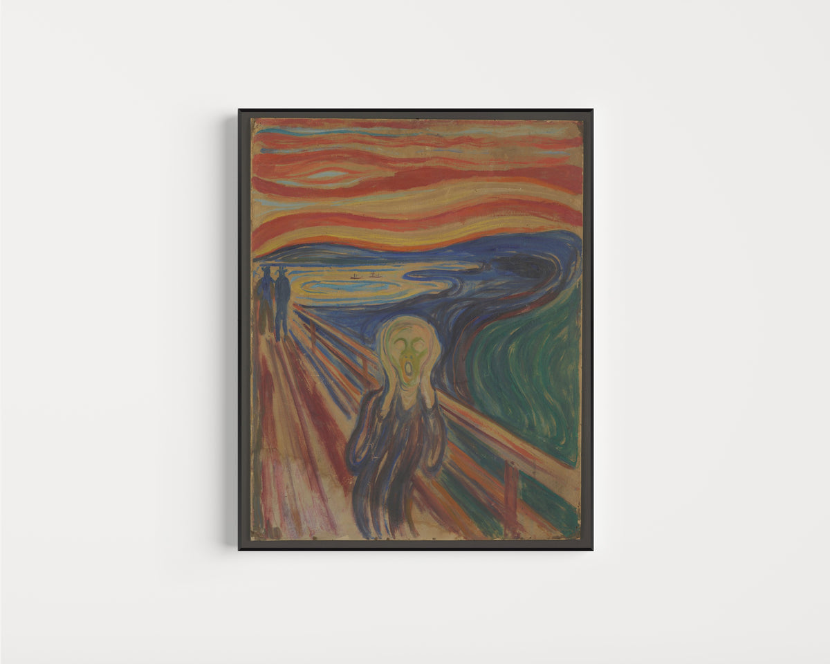Framed art print of The Scream by Edvard Munch, in a slim black frame on a plain white wall