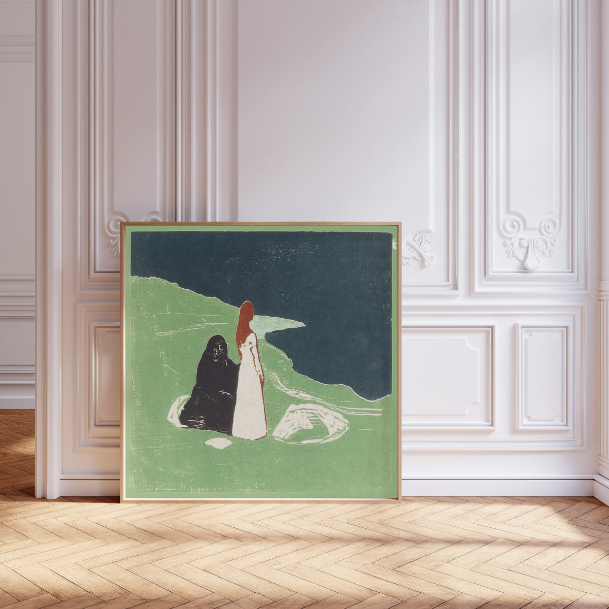 Two Women on the Shore by Edvard Munch — framed and leaning against pale pink panelling on a herringbone floor