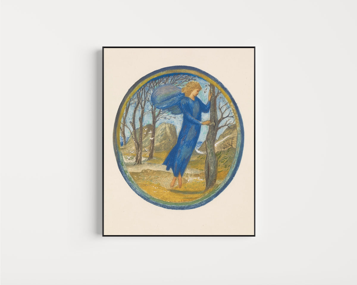 Framed art print of The Flower Book: Key of Spring by Edward Burne-Jones, in a slim black frame on a plain white wall
