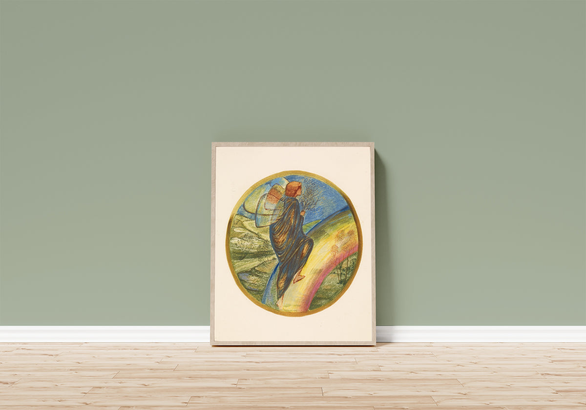 Framed art print of The Flower Book: Ladder of Heaven by Edward Burne-Jones, in a light wood frame leaning on a sage green wall above a wooden floor