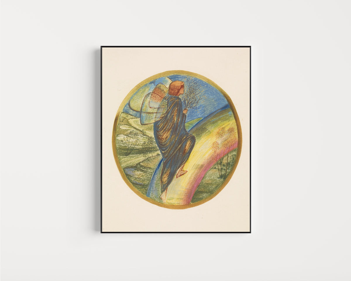 Framed art print of The Flower Book: Ladder of Heaven by Edward Burne-Jones, in a slim black frame on a plain white wall