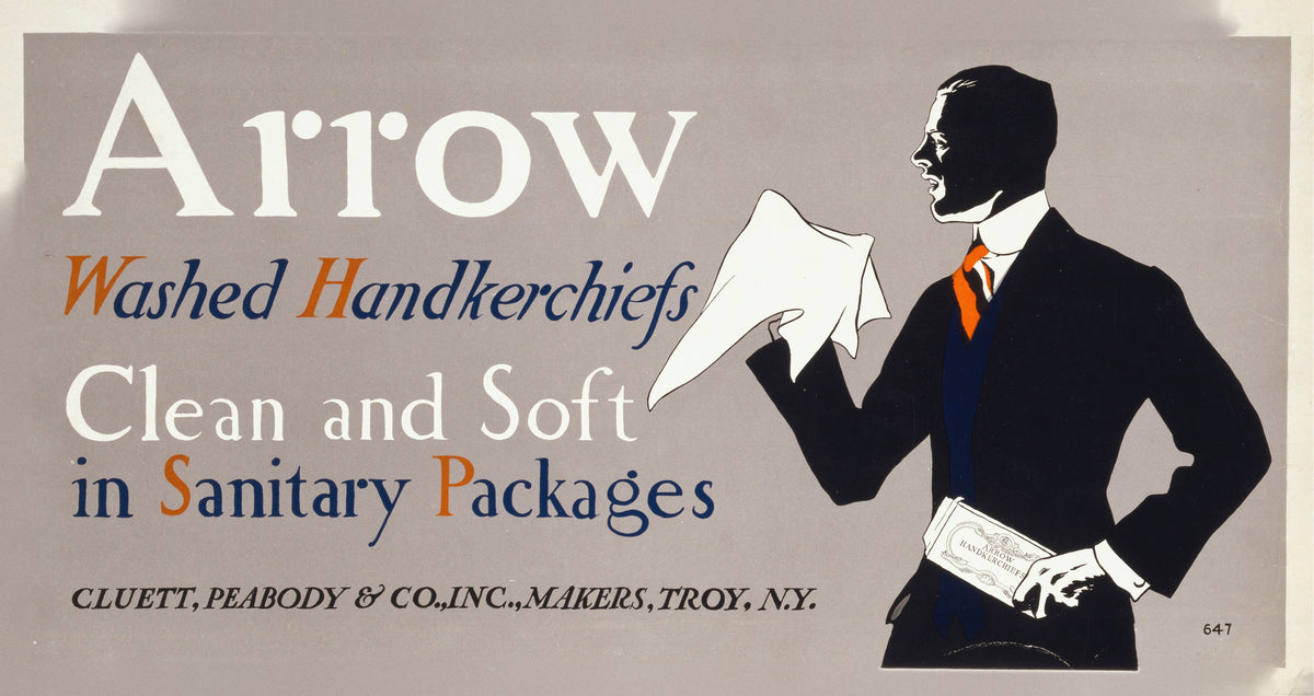 Arrow Washed Handkerchiefs by Edward Penfield — A dapper gentleman in profile holds up a crisp white handkerchief