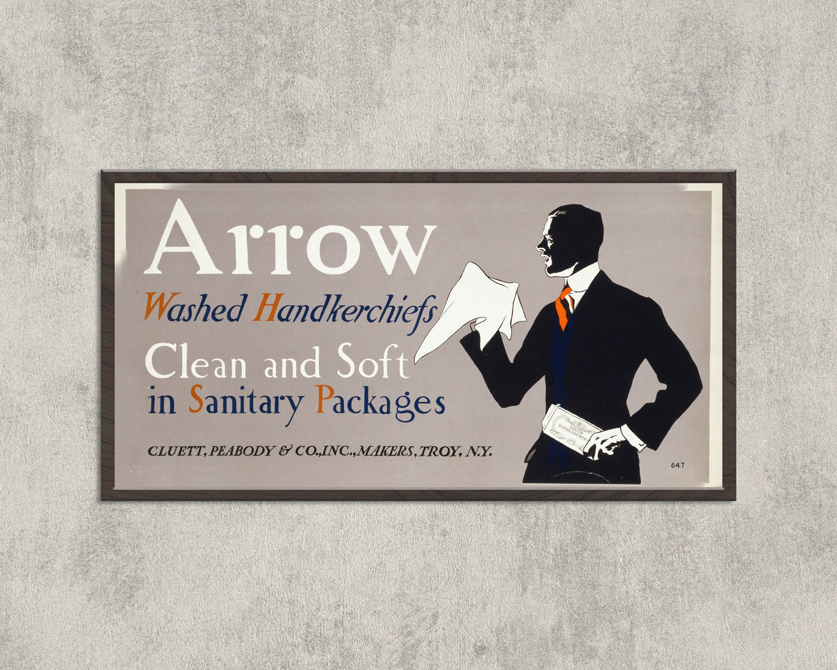 Arrow Washed Handkerchiefs by Edward Penfield — in a wide black frame on a concrete wall