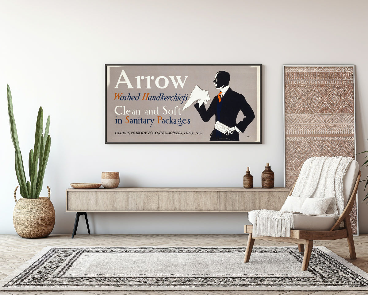 Arrow Washed Handkerchiefs by Edward Penfield — framed above a sideboard in a living room