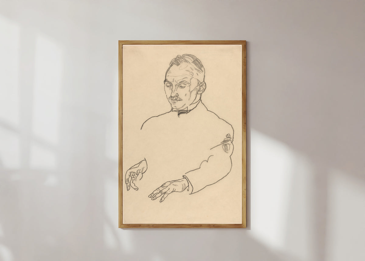 Framed art print of Dr. Koller by Egon Schiele, in a light wood frame on a sunlit white wall