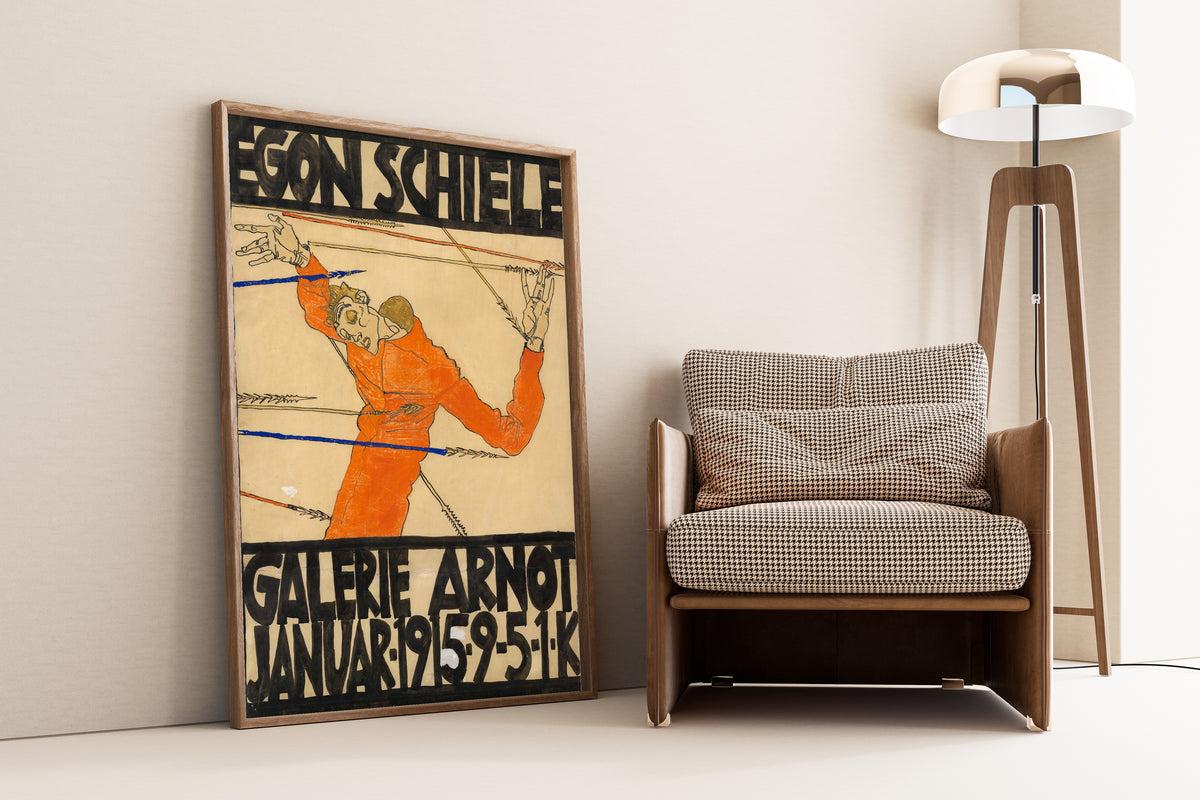 Galerie Arnot Poster by Egon Schiele — framed and leaning against a wall beside an armchair and a floor lamp