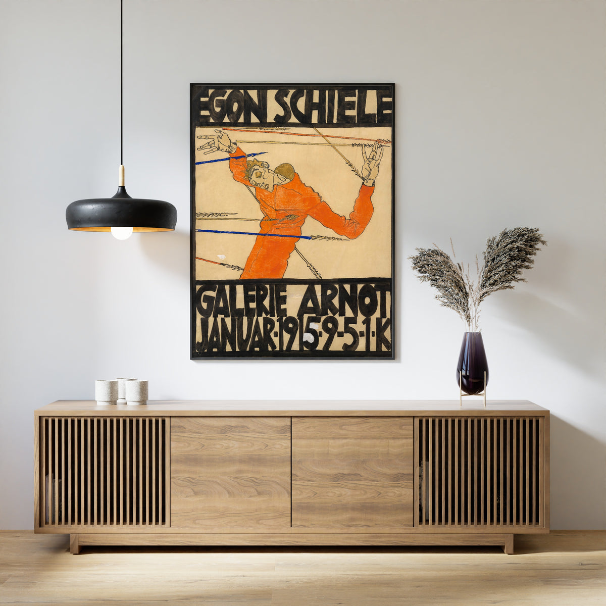Galerie Arnot Poster by Egon Schiele — framed above a slatted wood sideboard