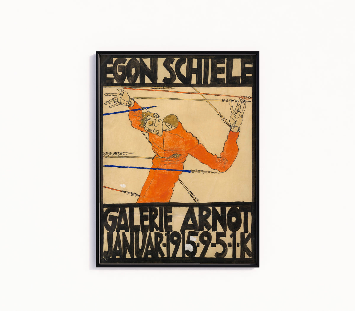 Framed art print of Galerie Arnot Poster by Egon Schiele, in a slim black frame on a plain white wall