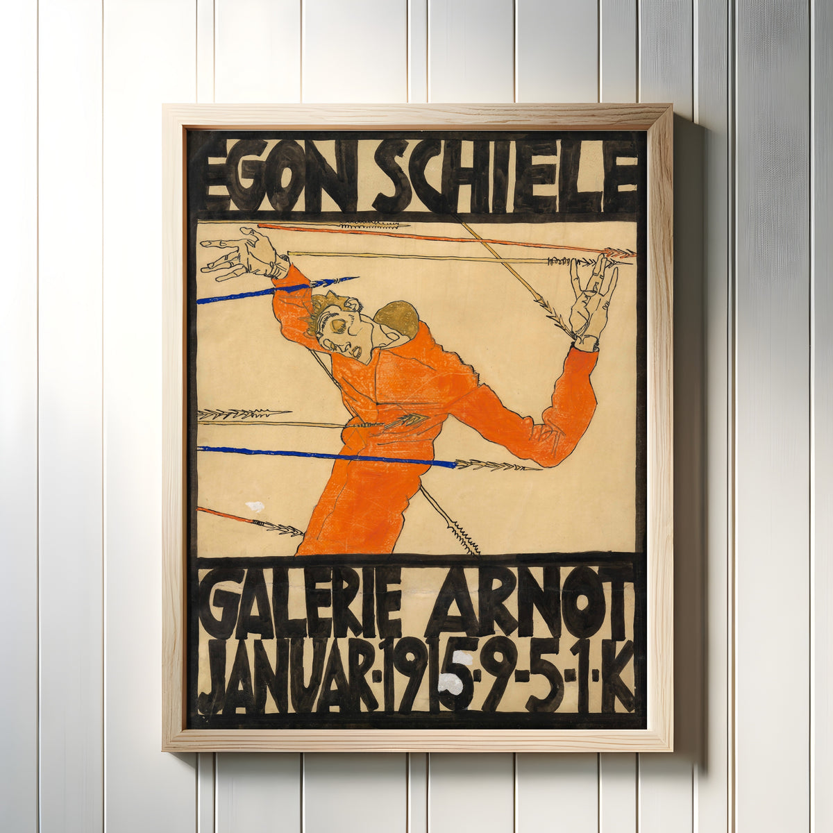 Framed art print of Galerie Arnot Poster by Egon Schiele, in a light wood frame on a white panelled wall