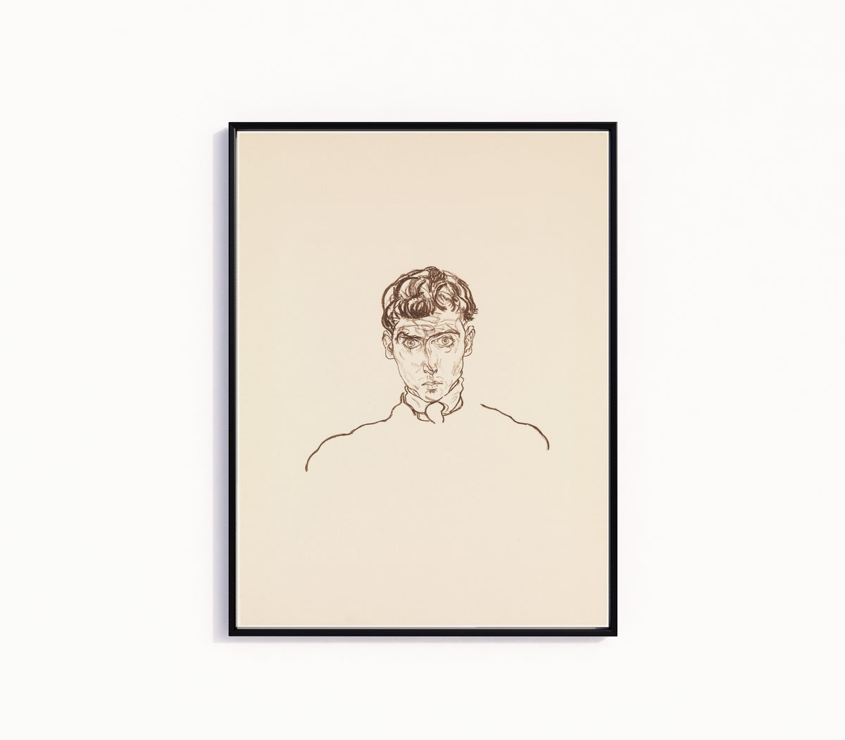 Framed art print of Portrait of Paris von Gütersloh by Egon Schiele, in a slim black frame on a plain white wall