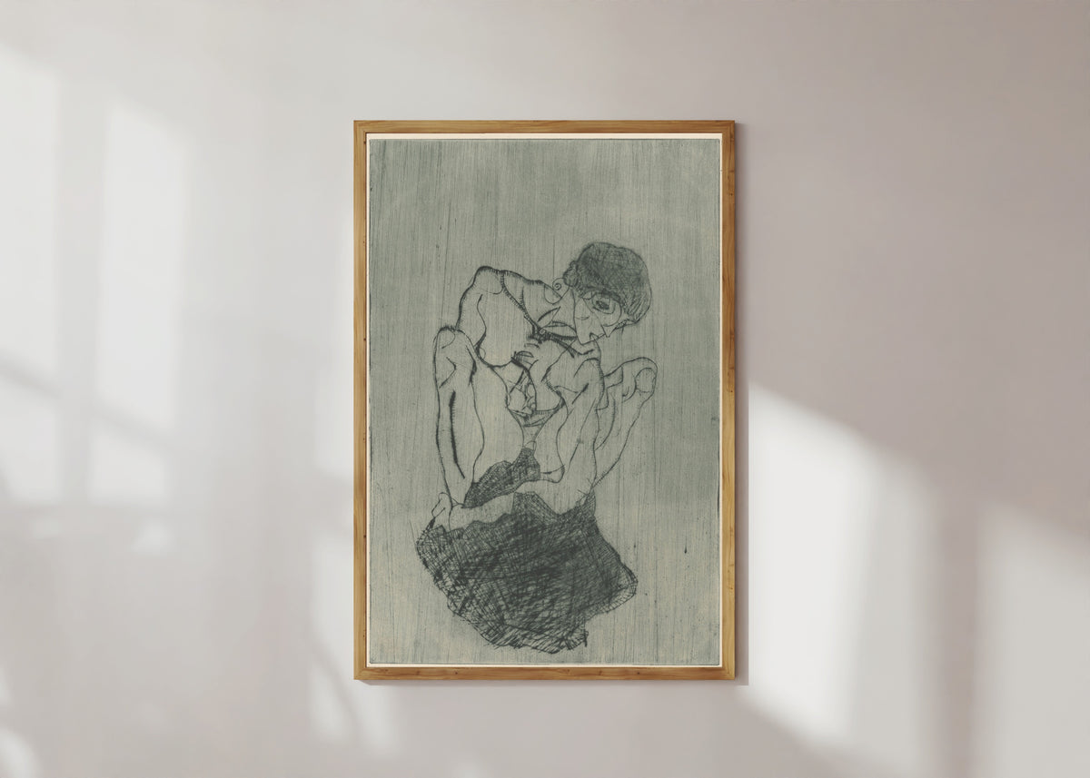Framed art print of Sorrow (Kümmernis) by Egon Schiele, in a light wood frame on a sunlit white wall
