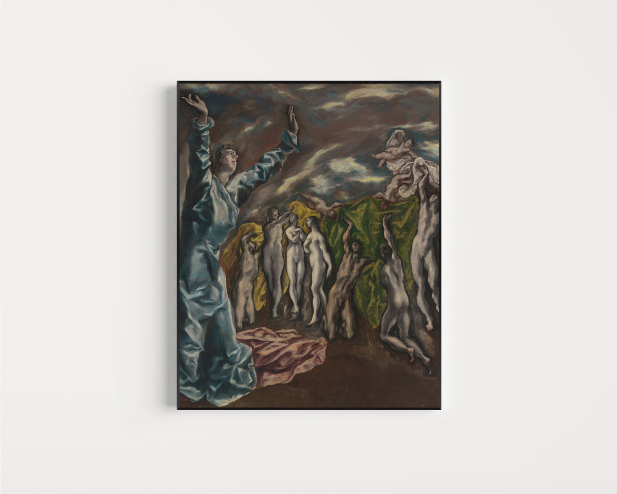 Framed art print of The Vision of Saint John by El Greco, in a slim black frame on a plain white wall