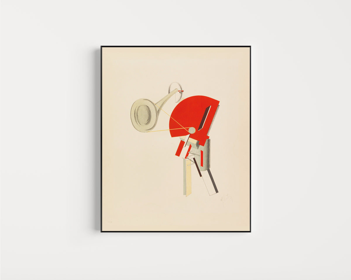 Framed art print of Figurines: The Announcer (Ansager) by El Lissitzky, in a slim black frame on a plain white wall