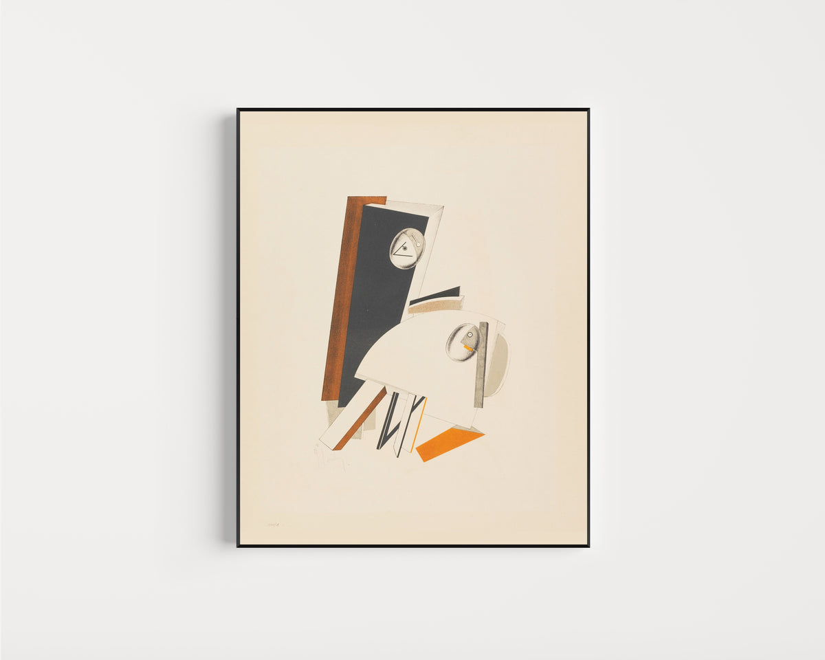 Framed art print of Figurines: The Anxious One (Ängstliche) by El Lissitzky, in a slim black frame on a plain white wall