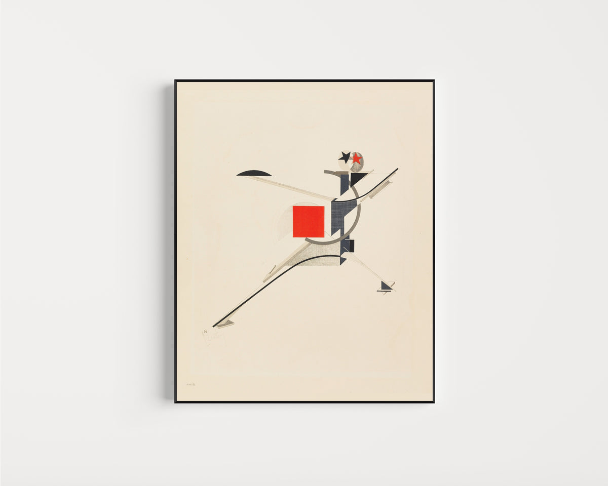 Framed art print of Figurines: The New Man (Neuer) by El Lissitzky, in a slim black frame on a plain white wall