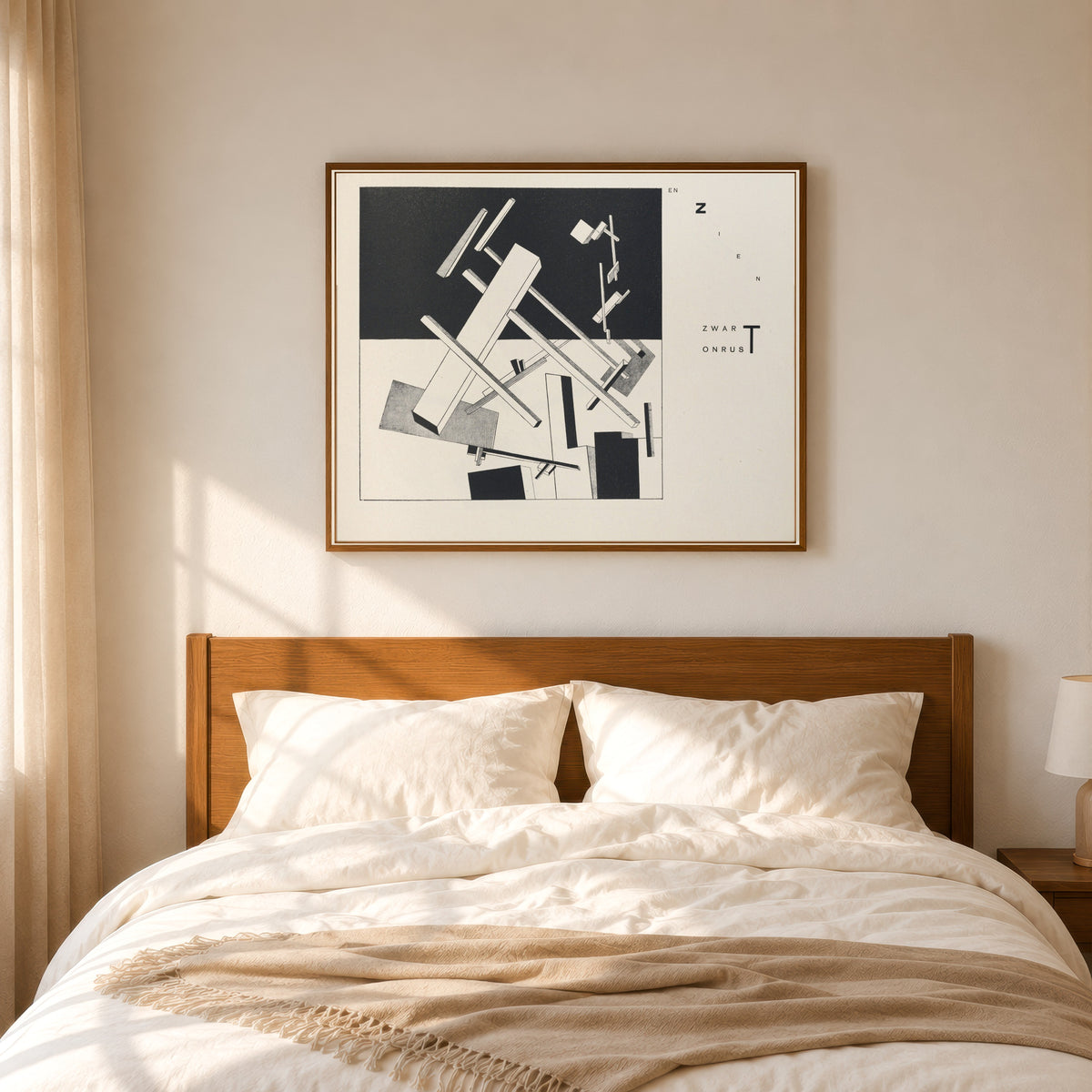 Framed art print of Of Two Squares: Construction 3 (...and See: Black, Turmoil, and...) by El Lissitzky, in a slim wood frame above a bed in a sunlit bedroom