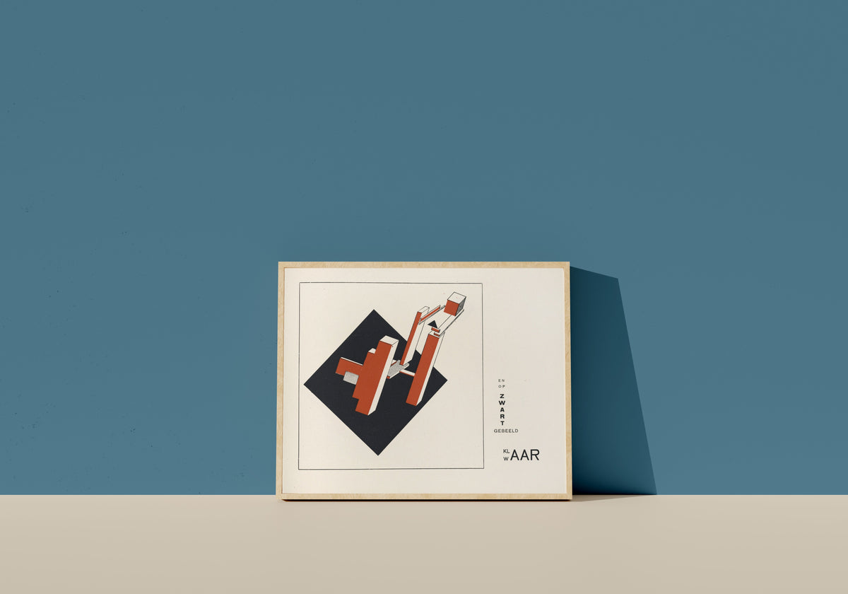 Framed art print of Of Two Squares: Construction 5 (And on Black, Clearly Formed) by El Lissitzky, in a light wood frame leaning on a blue wall